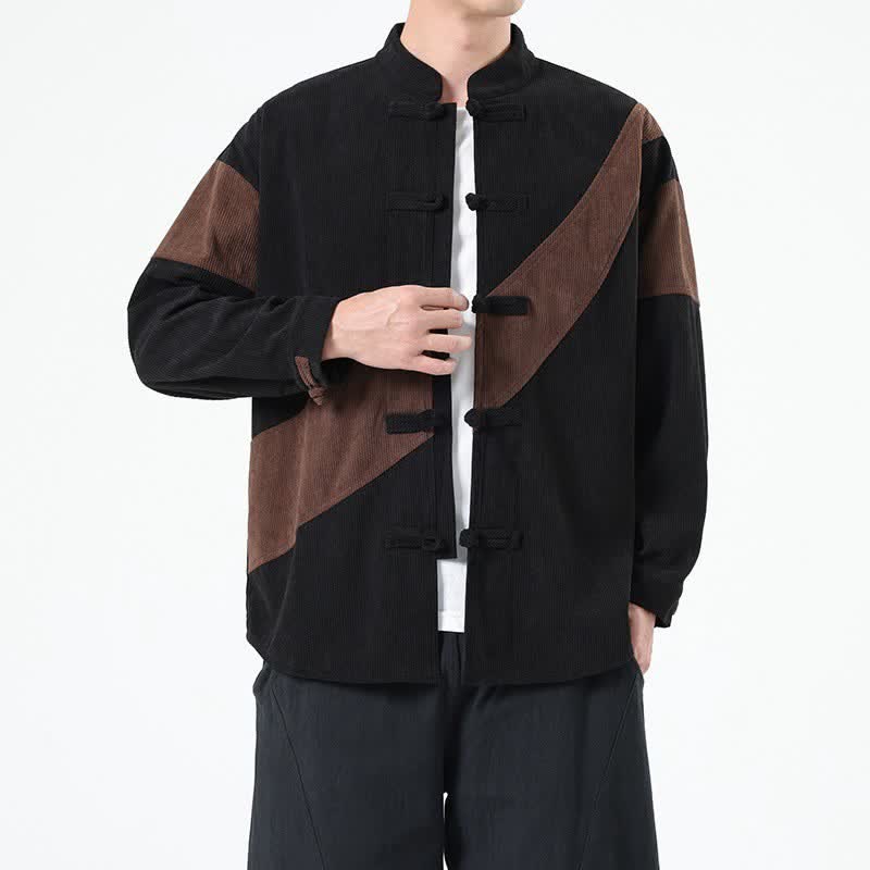 Buddha Stones Veste homme décontractée automne-hiver style Tang à boutons grenouille en velours côtelé à motifs géométriques - SaddleBrown - US/UK/AU46，EU56 (5XL) - image 0