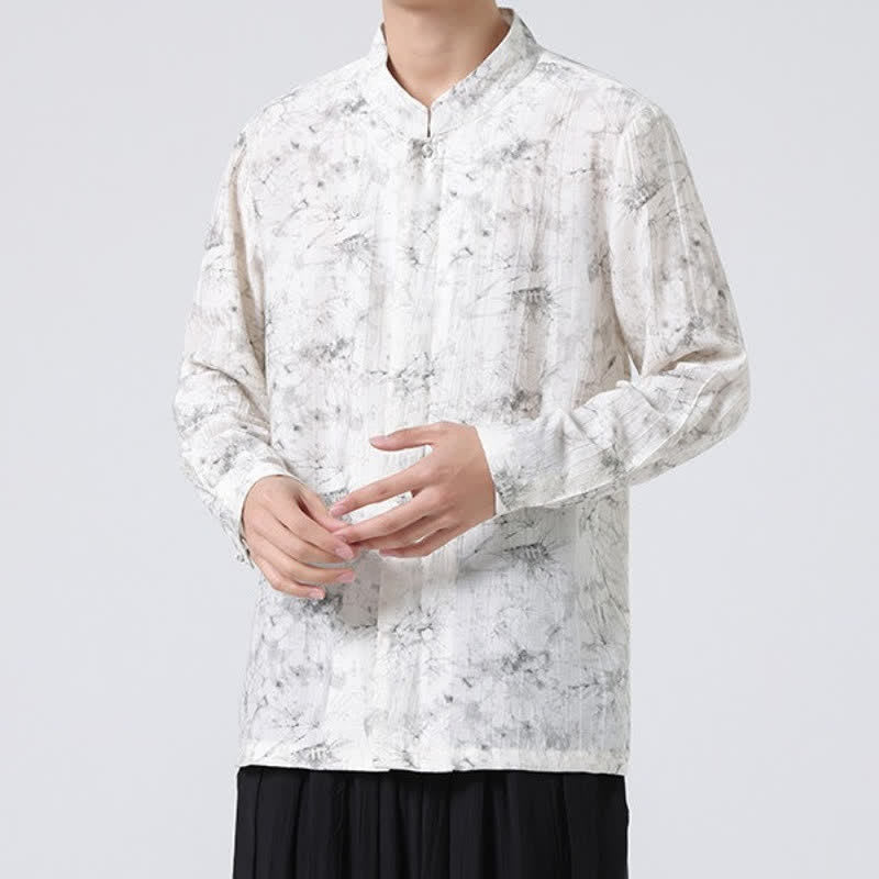 Buddha Stones Chemises à manches longues pour hommes, style minimaliste, col mandarin, style printanier, à motifs abstraits. - image 1