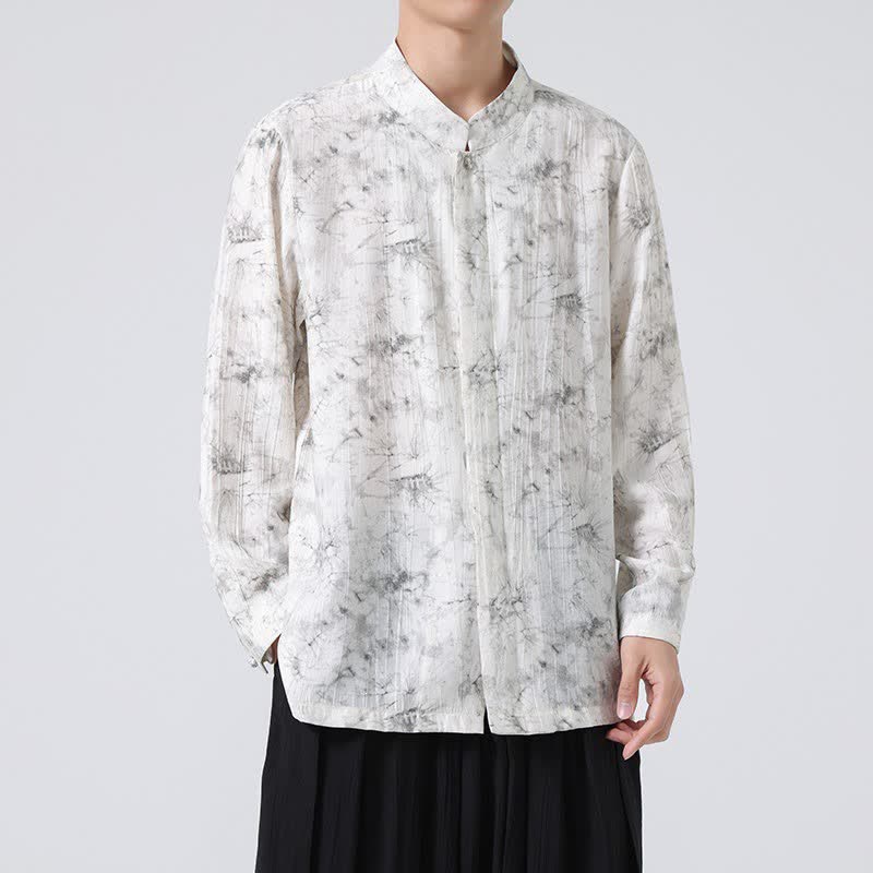 Buddha Stones Chemises à manches longues pour hommes, style minimaliste, col mandarin, style printanier, à motifs abstraits. - WhiteSmoke - US/UK/AU46，EU56 (5XL) - image 0
