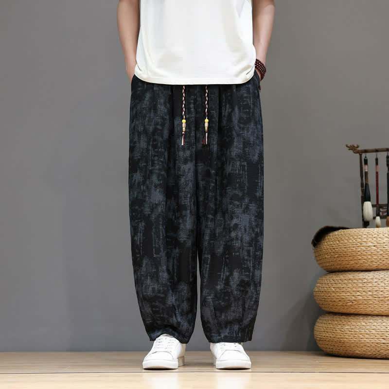 Buddha Stones Pantalon homme décontracté printemps-été, style vintage, à cordon de serrage, imprimé abstrait, longueur cheville, avec poches - Noir - US/UK/AU52, EU62 (8XL) - image 0