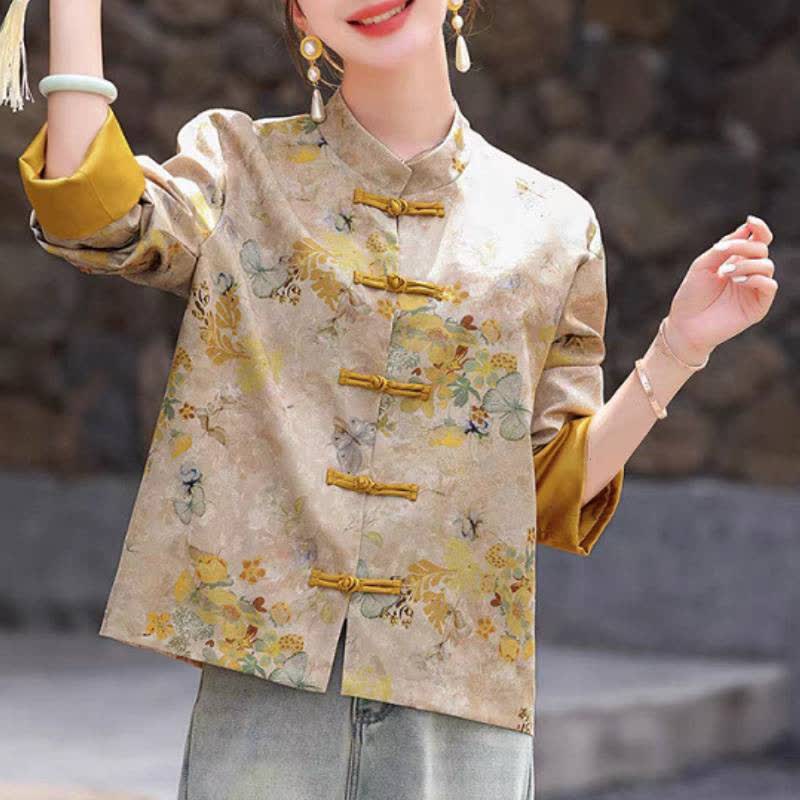 Buddha Stones Veste femme automne vintage style Tang à boutons grenouille et motif floral doré - image 1
