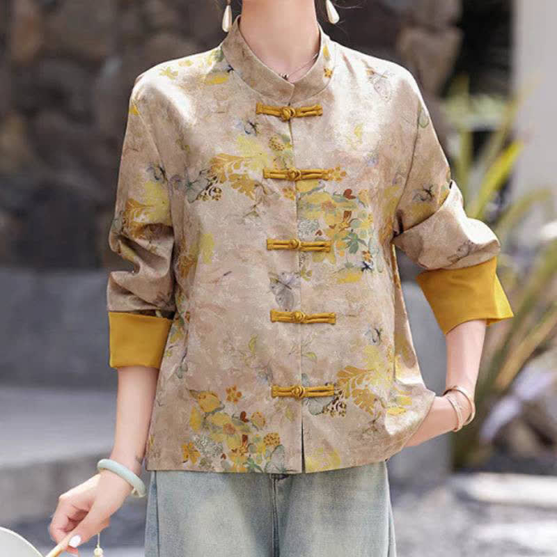 Buddha Stones Veste femme automne vintage style Tang à boutons grenouille et motif floral doré - verge d'or - US8-10，UK/AU12-14，EU40-42 (2XL) - image 0