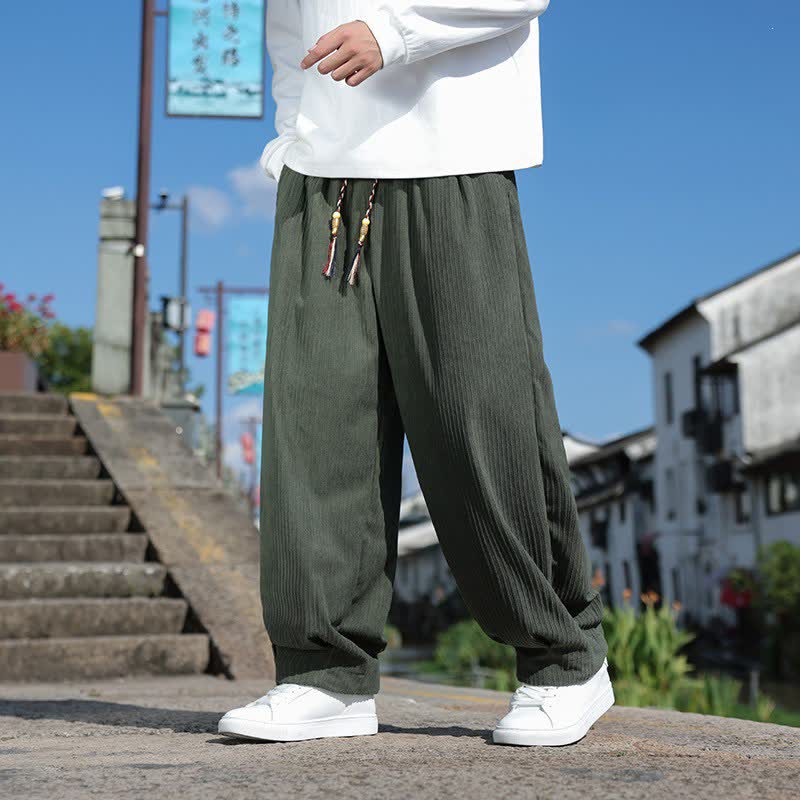Buddha Stones Pantalon homme décontracté automne-hiver style vintage à cordon de serrage en velours côtelé uni, longueur cheville, coupe droite, avec poches - Vert olive foncé - US/UK/AU46，EU56 (5XL) - image 0