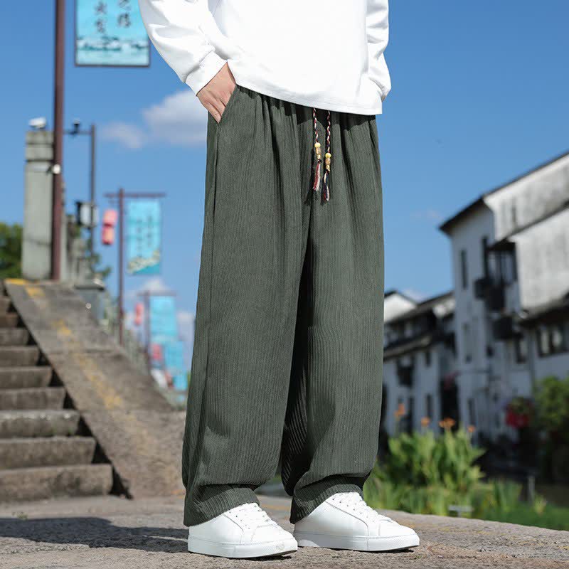 Buddha Stones Pantalon homme décontracté automne-hiver style vintage à cordon de serrage en velours côtelé uni, longueur cheville, coupe droite, avec poches - image 1