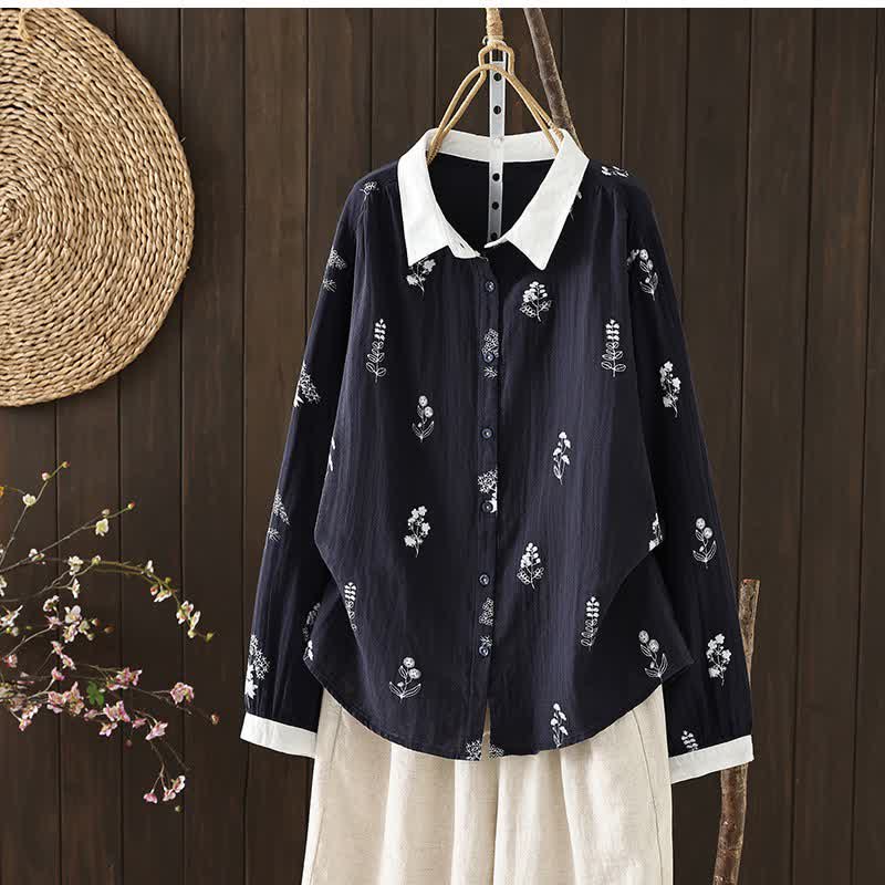 Buddha Stones Chemises à manches longues fleuries boutonnées style vintage décontracté printemps automne pour femmes - Marine - US12, UK/AU16, EU44 (3XL) - image 0