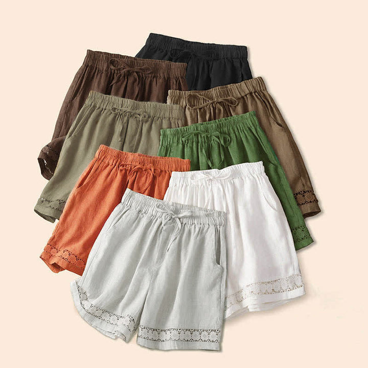 Short en coton à lacets avec poches et motif Buddha Stones, couleur unie, bas ajouré - image 55