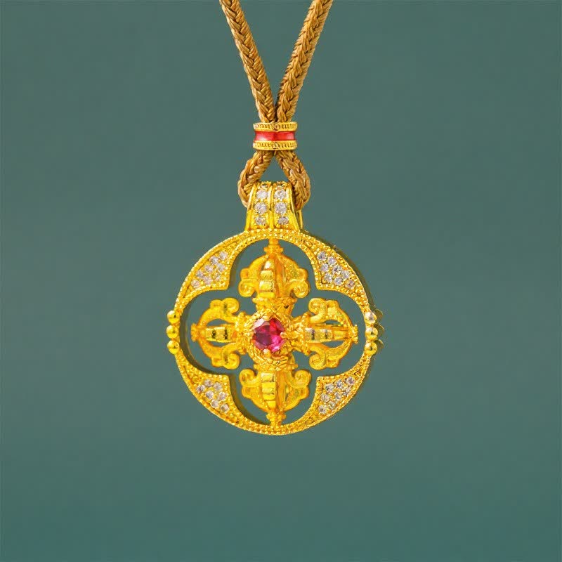 Buddha Stones Collier pendentif rond Vajra en laiton plaqué or, symbole de pouvoir spirituel - Vajra Perle rouge et corde dorée - image 0