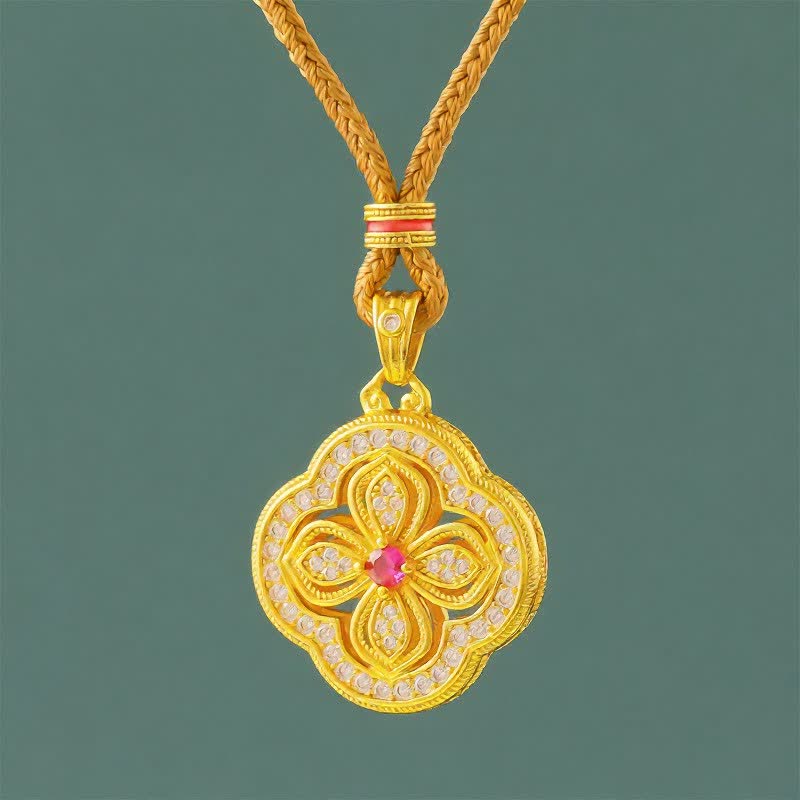 Buddha Stones Collier pendentif porte-bonheur motif bégonia et trèfle à quatre feuilles - Bégonia Corde d'Or - image 0