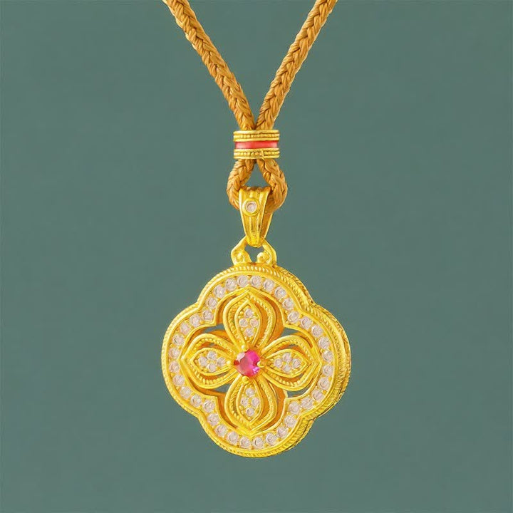 Buddha Stones Collier pendentif porte-bonheur motif bégonia et trèfle à quatre feuilles - Bégonia Corde d'Or - image 0