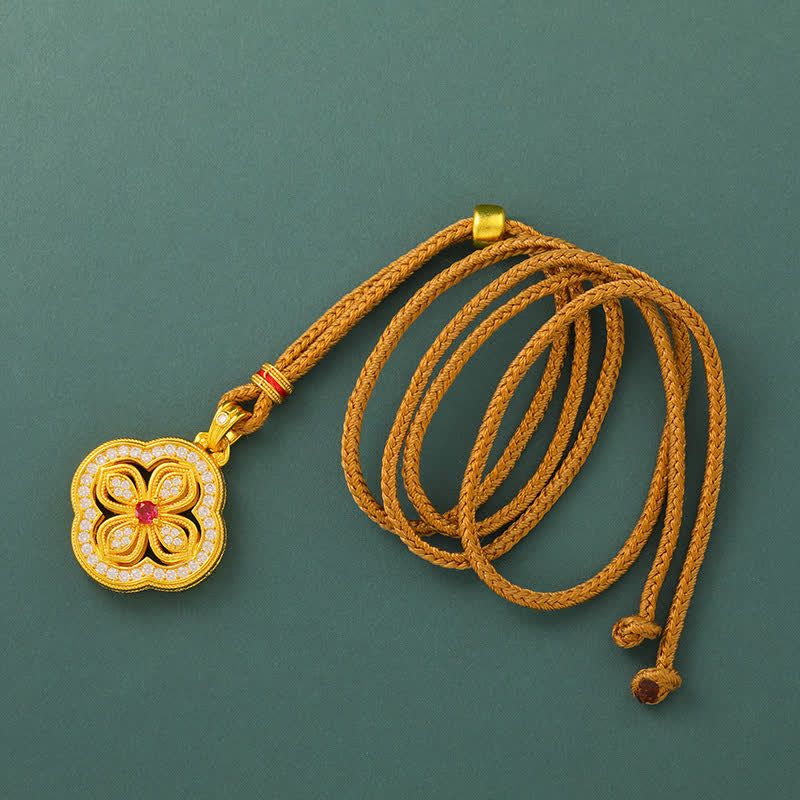 Buddha Stones Collier pendentif porte-bonheur motif bégonia et trèfle à quatre feuilles - image 1