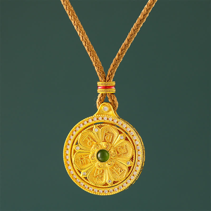 Buddha Stones Collier rond rotatif Om Mani Padme Hum en laiton plaqué or, symbole de sagesse - Corde d'or - image 0