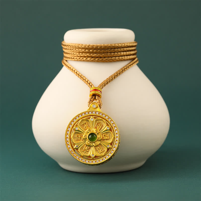 Buddha Stones Collier rond rotatif Om Mani Padme Hum en laiton plaqué or, symbole de sagesse - image 2