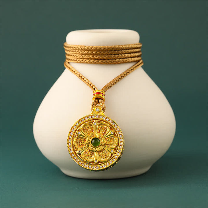 Buddha Stones Collier rond rotatif Om Mani Padme Hum en laiton plaqué or, symbole de sagesse - image 2