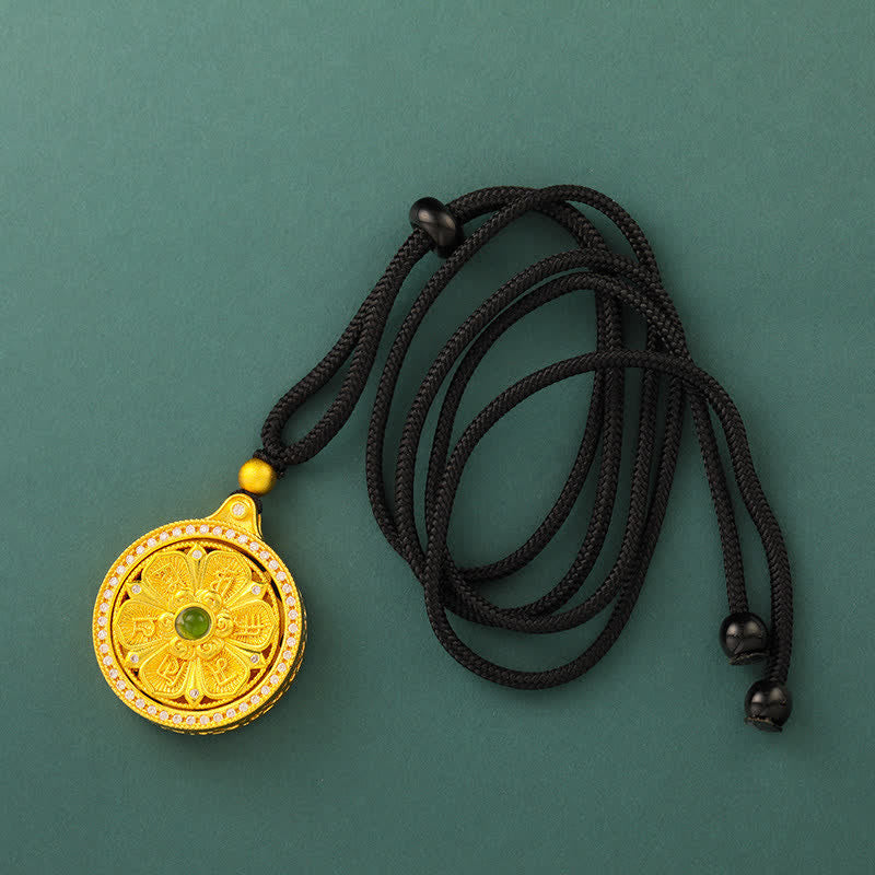 Buddha Stones Collier rond rotatif Om Mani Padme Hum en laiton plaqué or, symbole de sagesse - Corde noire - image 10