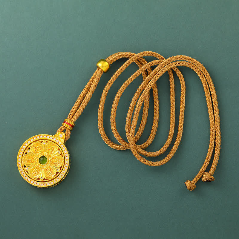 Buddha Stones Collier rond rotatif Om Mani Padme Hum en laiton plaqué or, symbole de sagesse - image 1
