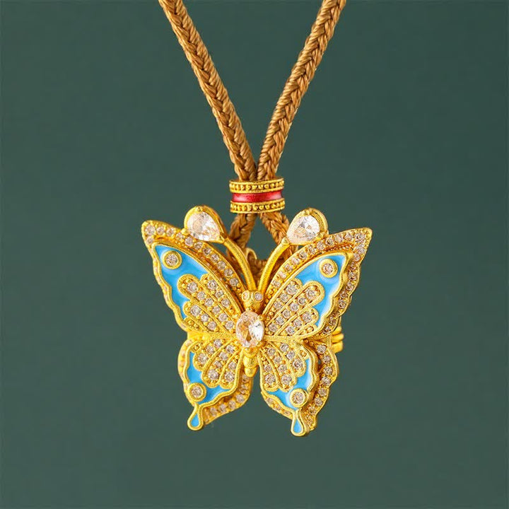 Buddha Stones Collier pendentif papillon en laiton plaqué or - Cordon tressé marron - image 0