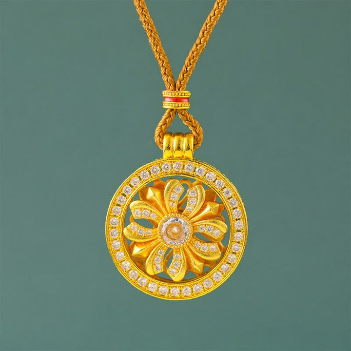 Buddha Stones Collier pendentif rond en laiton plaqué or avec fleur d'iris rotative - Cordon tressé marron - image 0