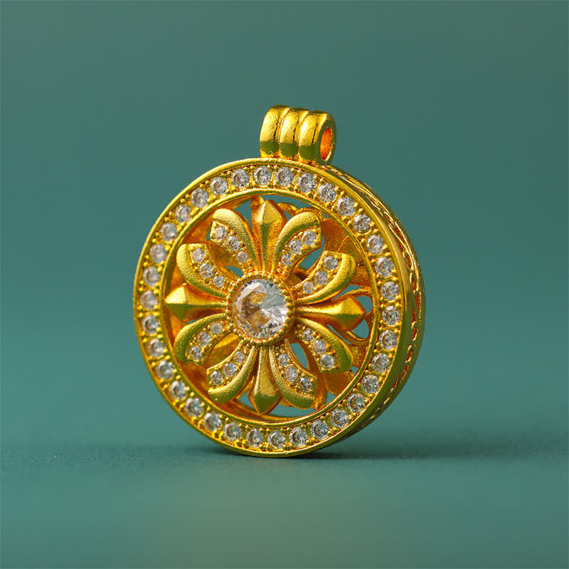Buddha Stones Collier pendentif rond en laiton plaqué or avec fleur d'iris rotative - image 10