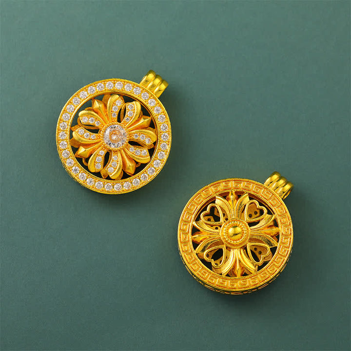 Buddha Stones Collier pendentif rond en laiton plaqué or avec fleur d'iris rotative - image 9