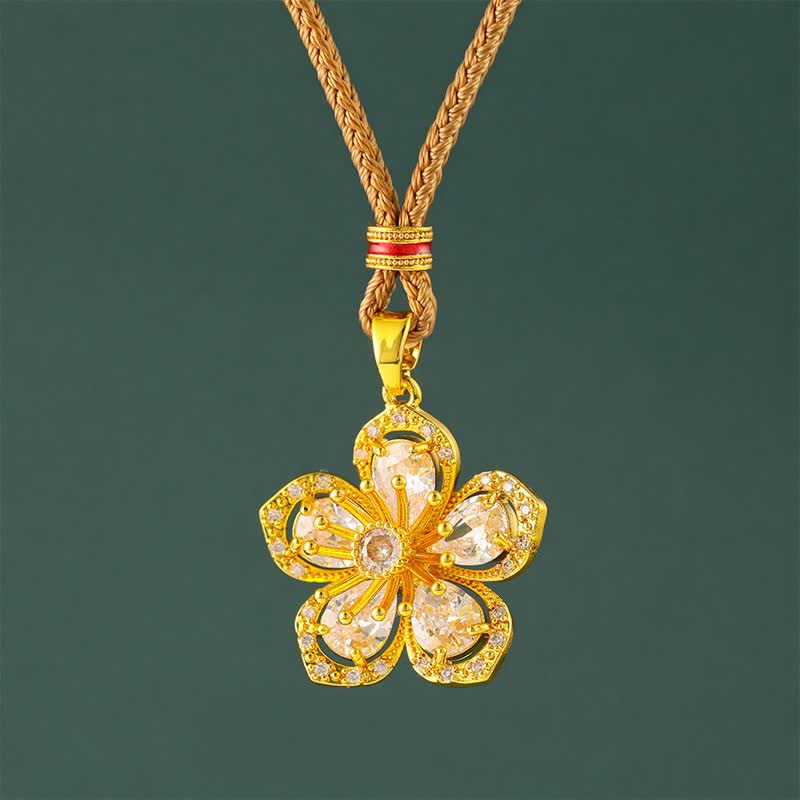 Buddha Stones Collier pendentif Harmonic Connection Fleur de prunier en laiton plaqué or - Corde d'or - image 0