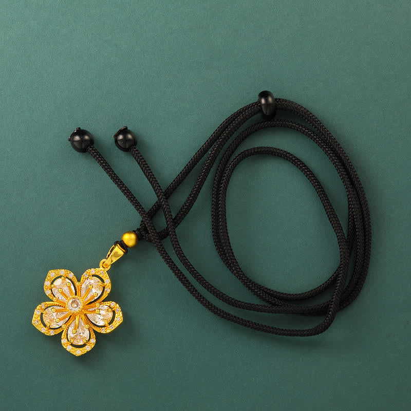 Buddha Stones Collier pendentif Harmonic Connection Fleur de prunier en laiton plaqué or - Corde noire perlée - image 7