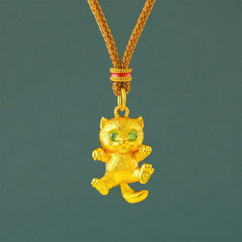 Buddha Stones Collier pendentif chat porte-bonheur en laiton plaqué or - Corde d'or - image 0