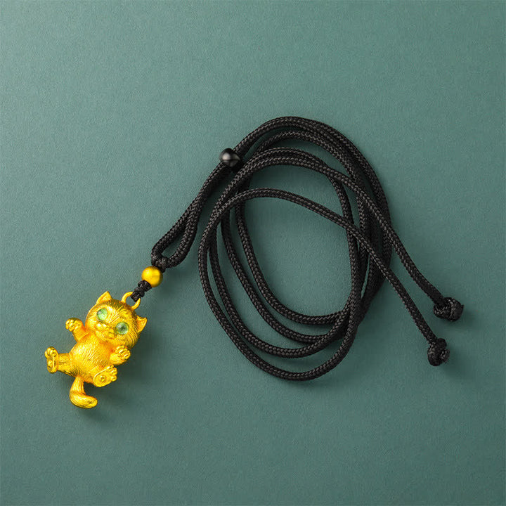 Buddha Stones Collier pendentif chat porte-bonheur en laiton plaqué or - Corde noire - image 6