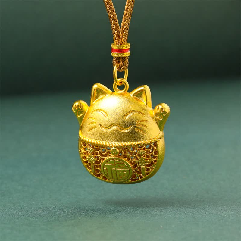 Buddha Stones Collier en laiton plaqué or avec pendentif chat porte-bonheur Fu et corde tressée. - Corde d'or - image 0