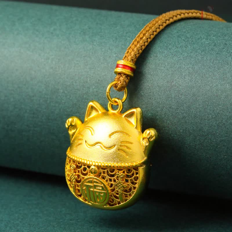 Buddha Stones Collier en laiton plaqué or avec pendentif chat porte-bonheur Fu et corde tressée. - image 1
