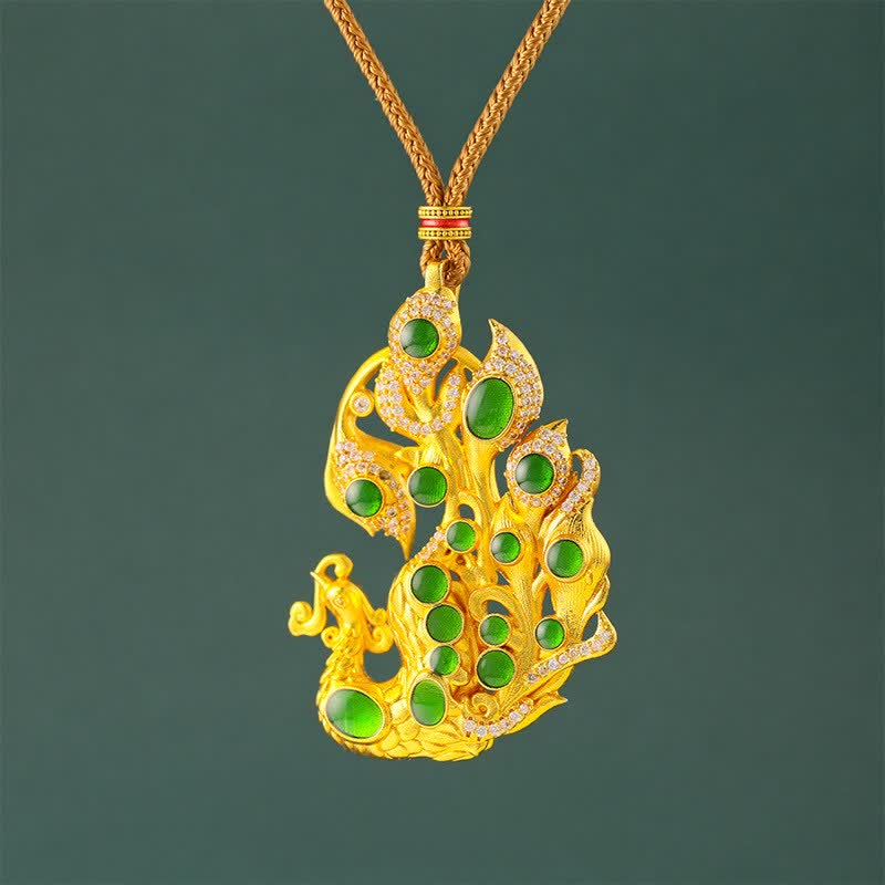 Buddha Stones Collier Paon en laiton plaqué or, symbole de confiance en soi - Corde d'or - image 0