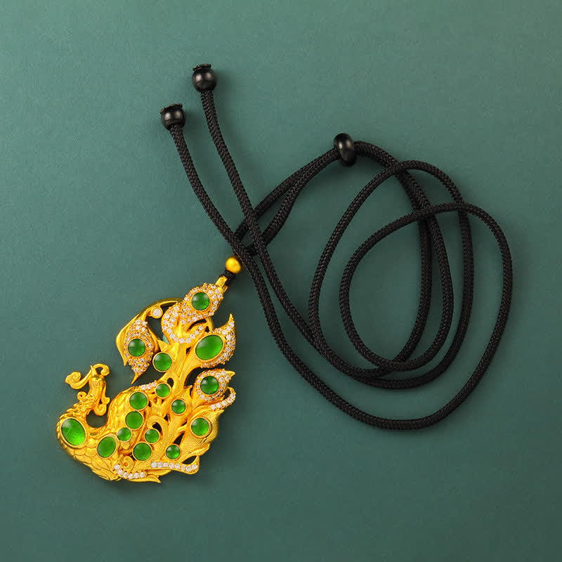 Buddha Stones Collier Paon en laiton plaqué or, symbole de confiance en soi - Corde noire perlée - image 7
