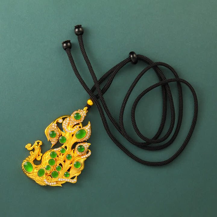 Buddha Stones Collier Paon en laiton plaqué or, symbole de confiance en soi - Corde noire perlée - image 7