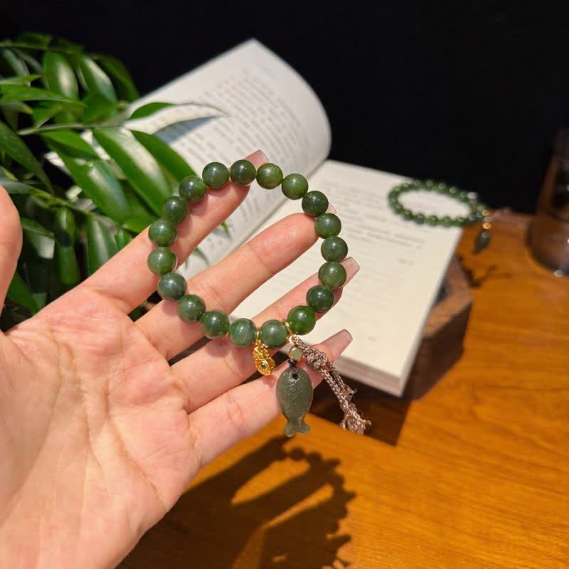 Buddha Stones Bracelet de prospérité en calebasse de jade cyan naturel avec motif de carpe koï - image 1