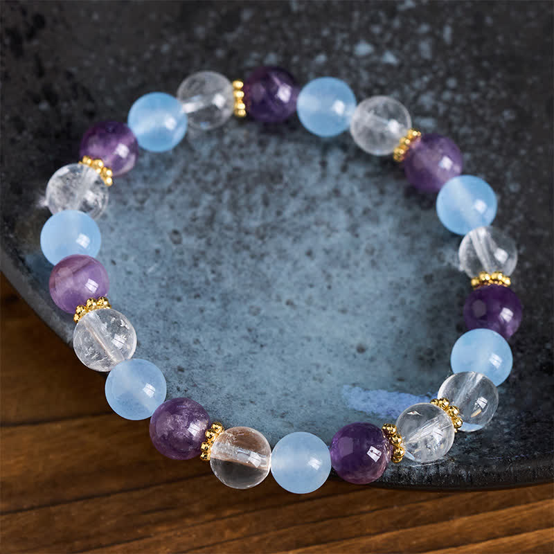 Buddha Stones Bracelet de protection en perles de quartz clair, améthyste et calcédoine bleue - image 2