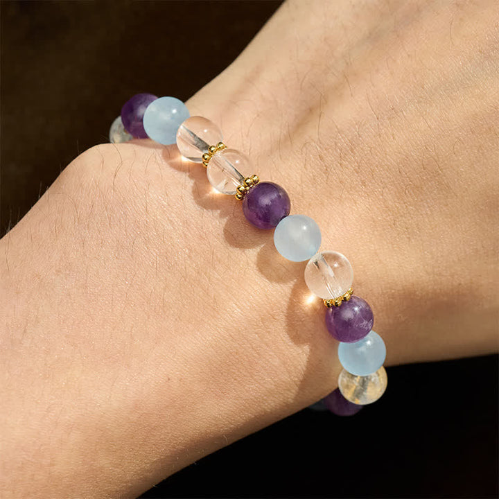 Buddha Stones Bracelet de protection en perles de quartz clair, améthyste et calcédoine bleue - image 4