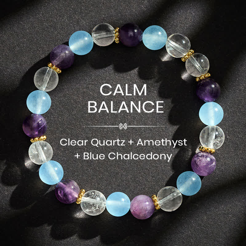 Buddha Stones Bracelet de protection en perles de quartz clair, améthyste et calcédoine bleue - Quartz clair (Protection ♥ Guérison) - image 0