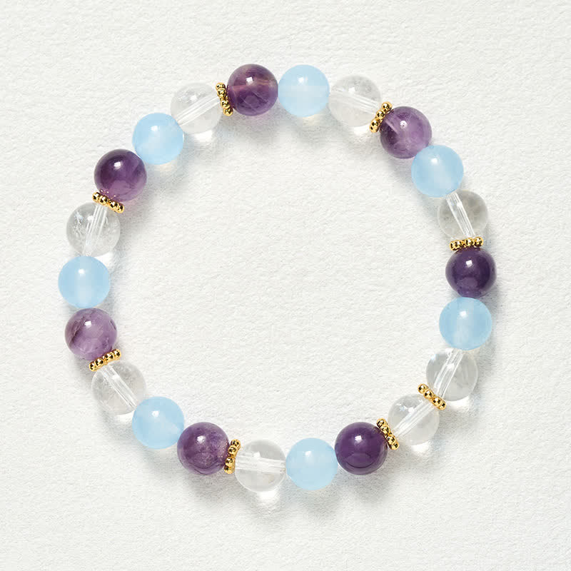 Buddha Stones Bracelet de protection en perles de quartz clair, améthyste et calcédoine bleue - image 9
