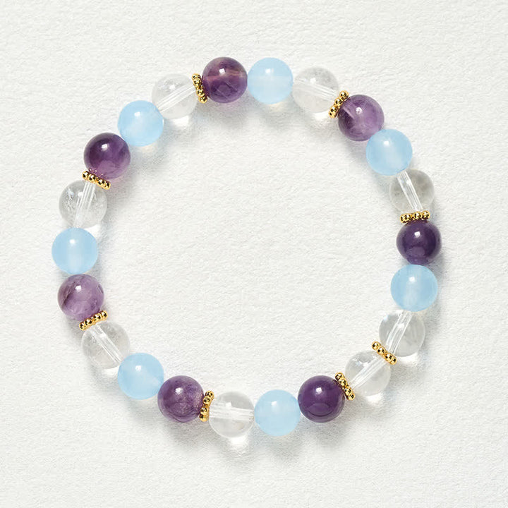 Buddha Stones Bracelet de protection en perles de quartz clair, améthyste et calcédoine bleue - image 9