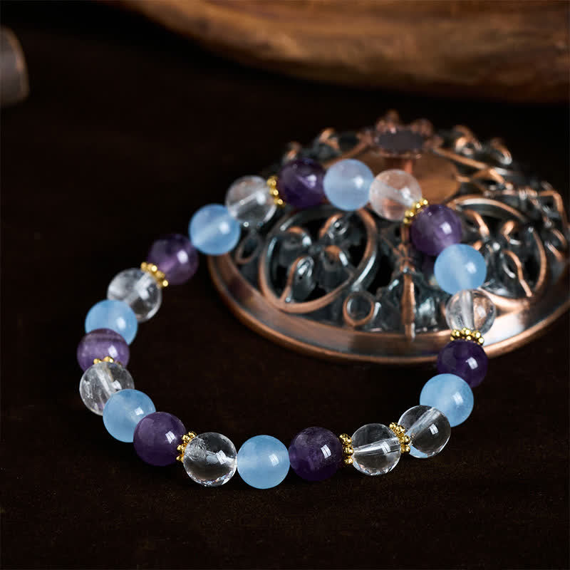 Buddha Stones Bracelet de protection en perles de quartz clair, améthyste et calcédoine bleue - image 3