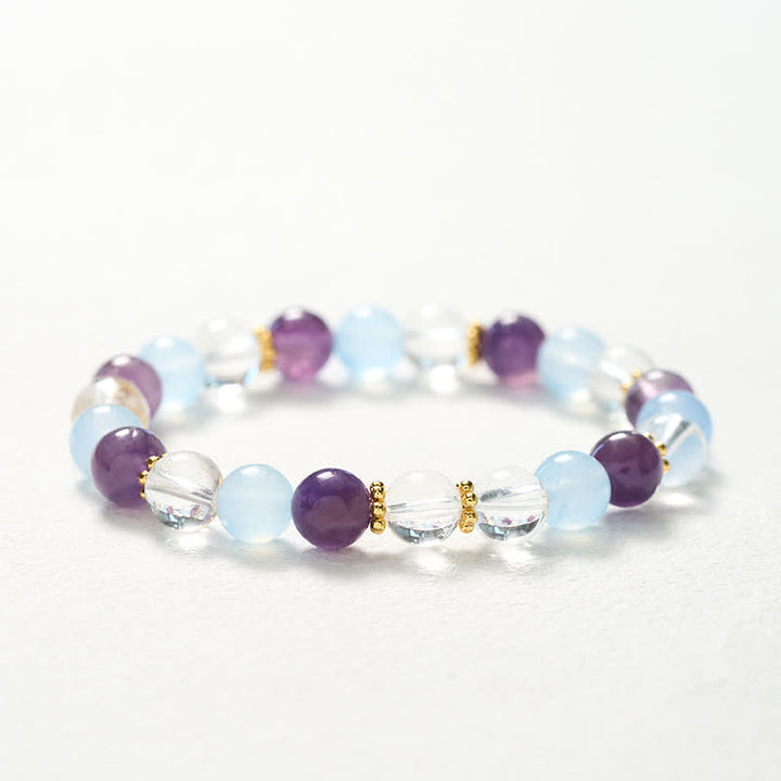 Buddha Stones Bracelet de protection en perles de quartz clair, améthyste et calcédoine bleue - image 10
