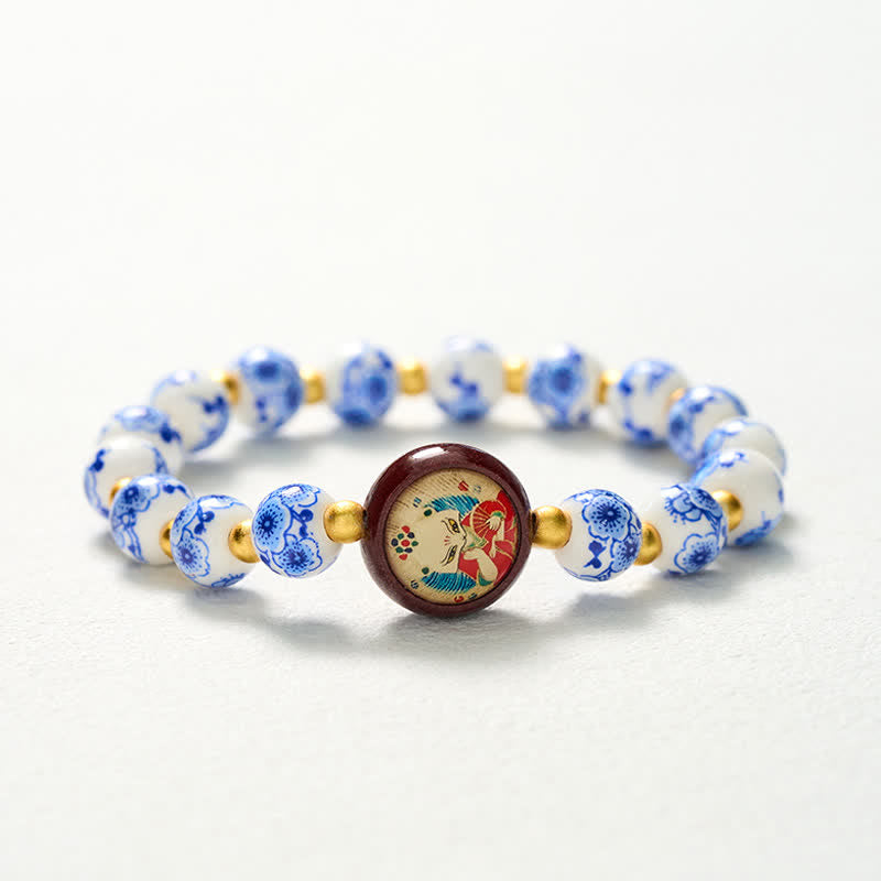 Buddha Stones Bracelet de perles de sagesse en porcelaine bleue et blanche représentant un renard - image 10
