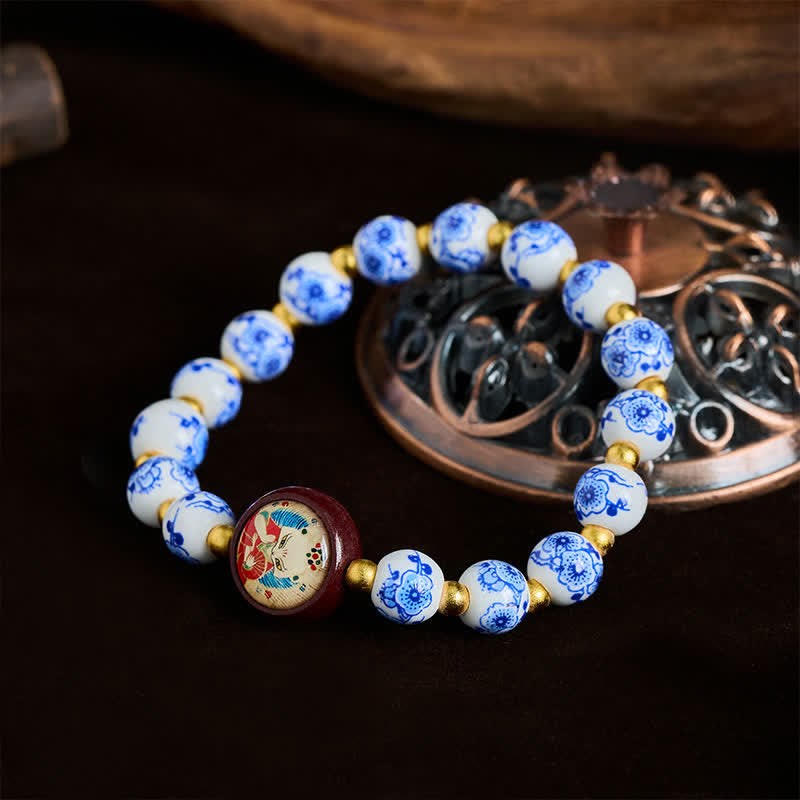 Buddha Stones Bracelet de perles de sagesse en porcelaine bleue et blanche représentant un renard - image 1