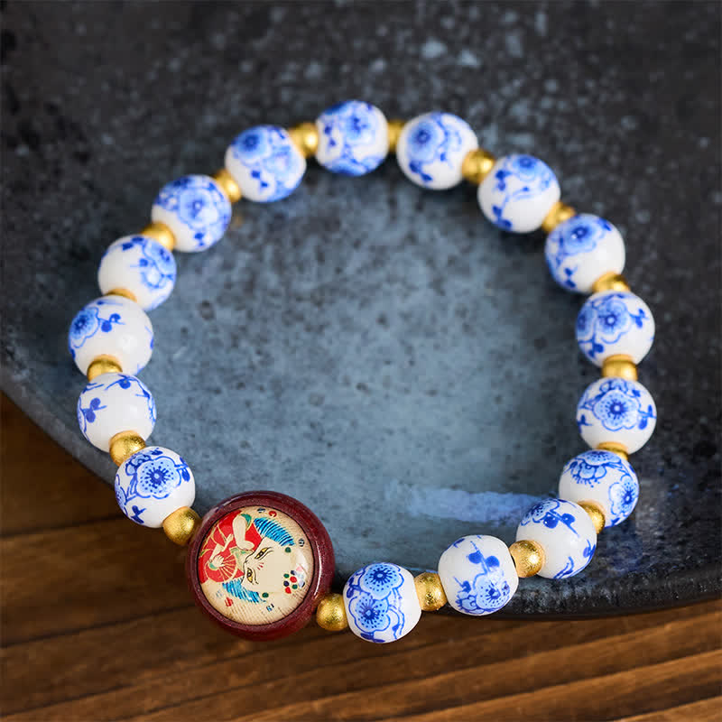 Buddha Stones Bracelet de perles de sagesse en porcelaine bleue et blanche représentant un renard - image 2
