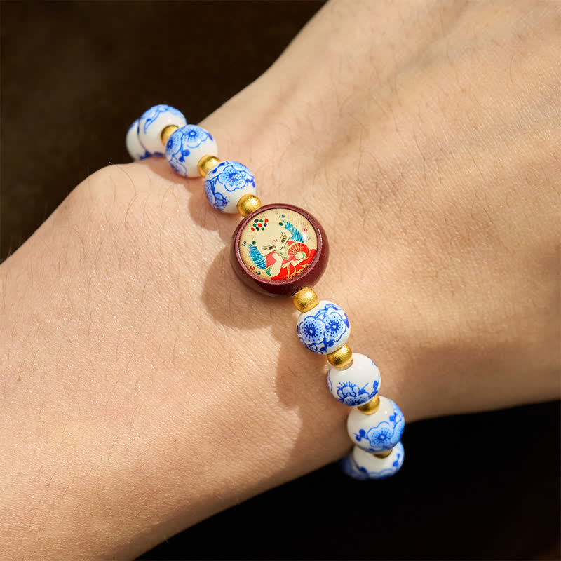 Buddha Stones Bracelet de perles de sagesse en porcelaine bleue et blanche représentant un renard - image 4