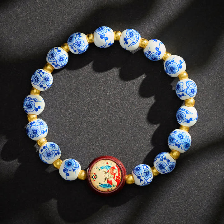 Buddha Stones Bracelet de perles de sagesse en porcelaine bleue et blanche représentant un renard - image 3