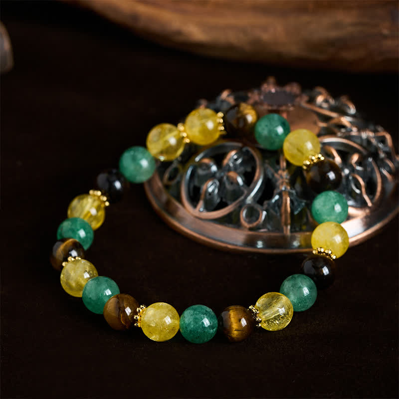 Buddha Stones Bracelet du bonheur en perles de quartz vert fraise, œil de tigre et citrine - image 3