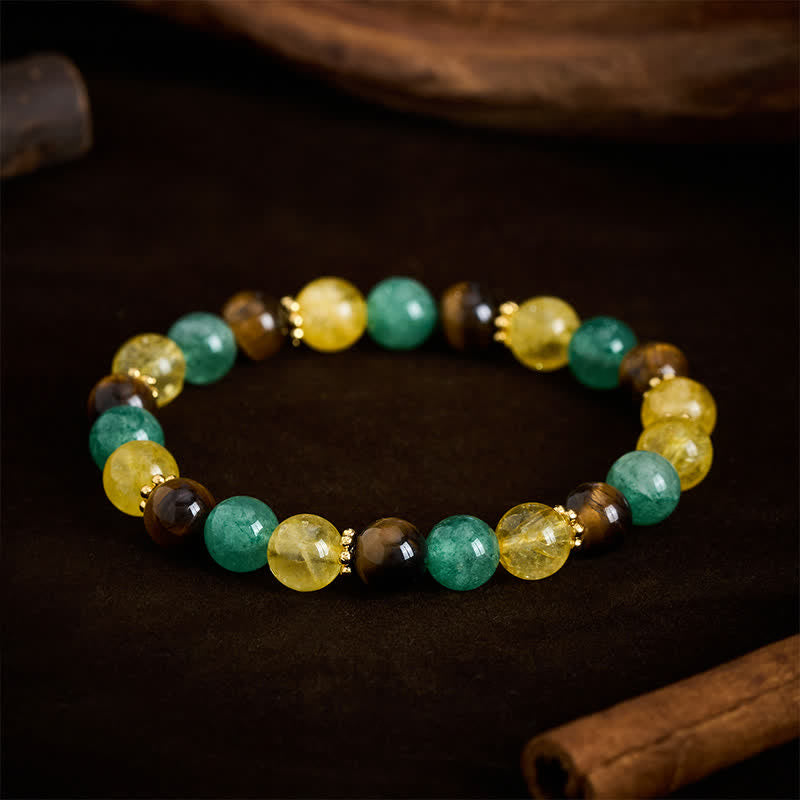 Buddha Stones Bracelet du bonheur en perles de quartz vert fraise, œil de tigre et citrine - image 1