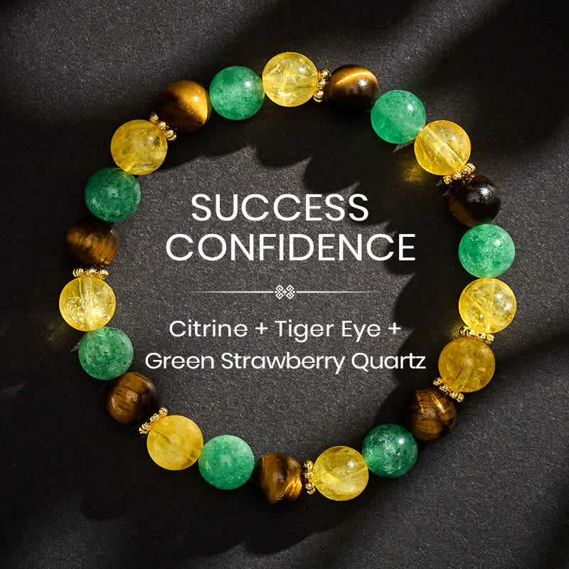 Buddha Stones Bracelet du bonheur en perles de quartz vert fraise, œil de tigre et citrine - 8 mm - image 0