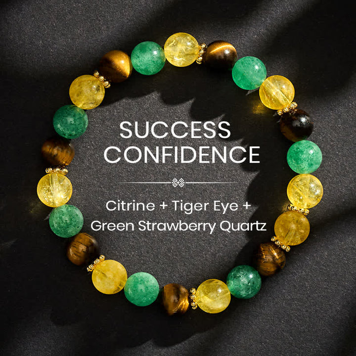 Buddha Stones Bracelet du bonheur en perles de quartz vert fraise, œil de tigre et citrine - 8 mm - image 0