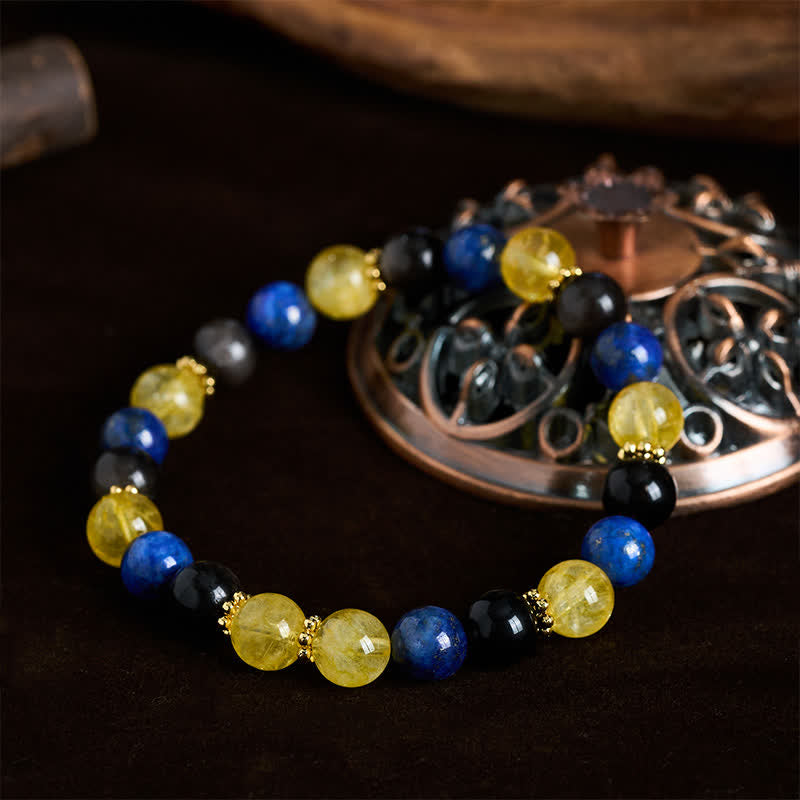 Buddha Stones Bracelet Sérénité en perles de lapis-lazuli, obsidienne argentée et citrine - image 1